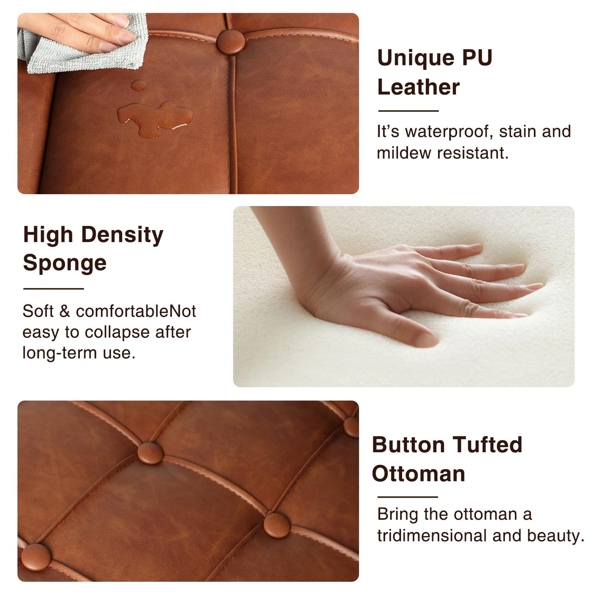 FiveWillowise Square Leather Ottoman with Storage, Leather Coffee Table Ottoman with Lift Top, Large Upholstered Footrest Stool Toy Box Storage for Livingroom Bedroom, Brown FiveWillowise