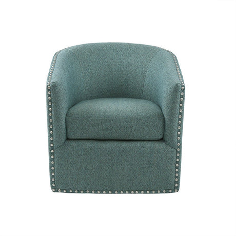 Madison Park Swivel Barrel Accent Chair, Upholstered Curved Back with 7-Inch Thick Woven Cushion, 360° Swivel, Nailhead Trim, Comfy Chair for Living Room, Bedroom, Office, 28" Wide, Teal, Tyler Madison Park