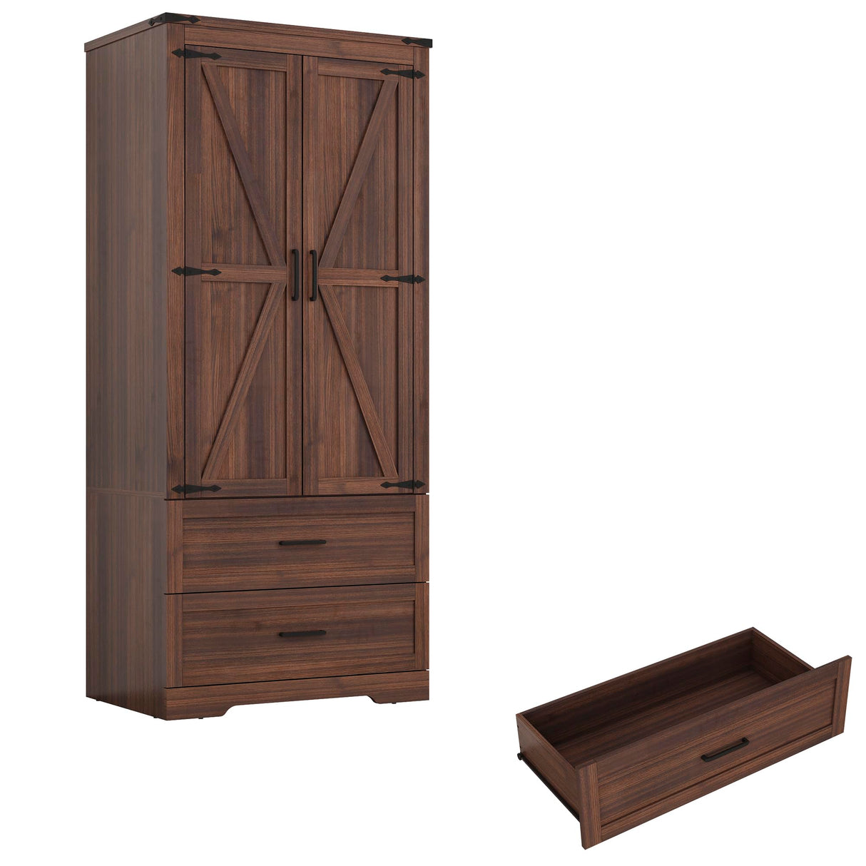 Hlivelood 2 Doors Wardrobe Armoire Closet with Doors and Drawers, Farmhouse Wooden Armoire Storage Cabinet with Shelves & Hanging Rod for Bedroom, Brown Hlivelood