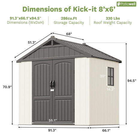 Patiowell 8 x 6 FT Resin Outdoor Storage Shed with Floor, Large Shed with Light and Lockable Door for Garden, Backyard, Tool Storage Use, Easy to Install in Beige (Kick-it Shed) Patiowell