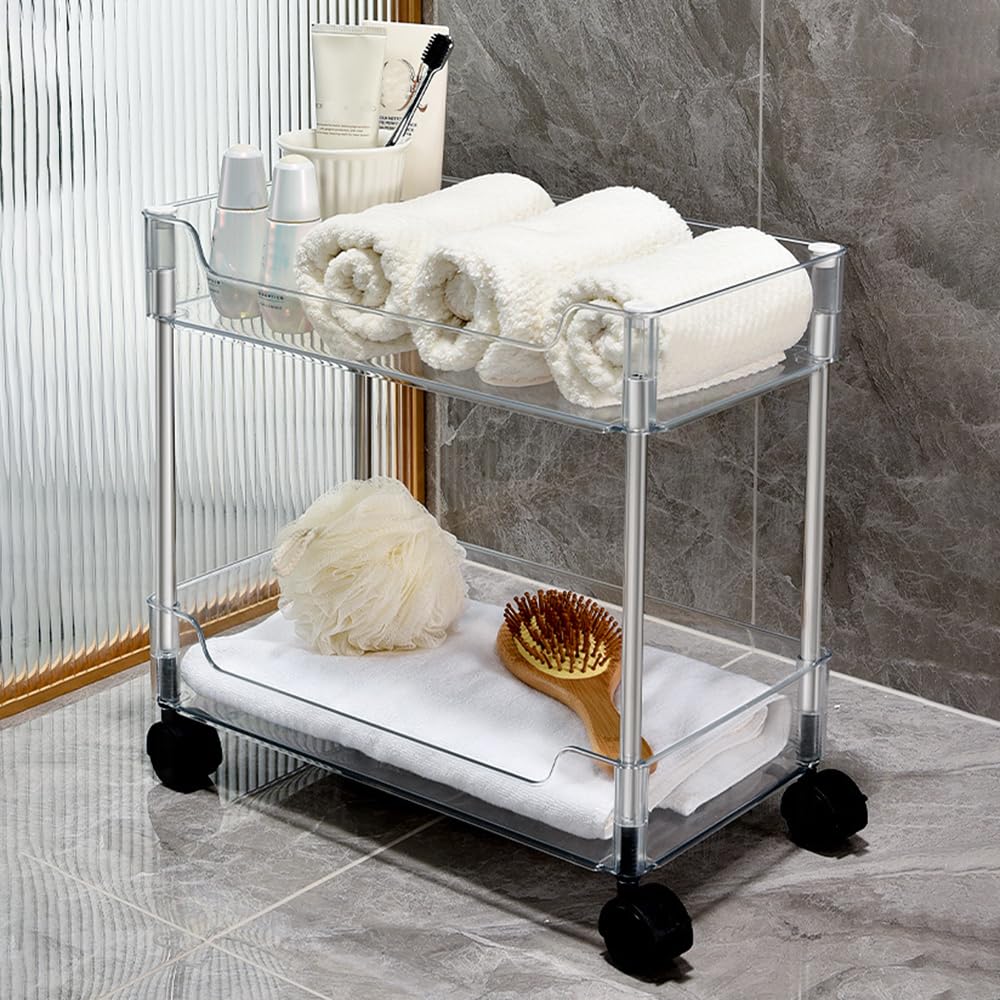 Betoveren 2 Tier Utility Rolling Cart Storage Organizer with Wheels Under Desk Mobile Bathroom Cart Organizer for Office Bathroom Home Kitchen Organization Transparent (Width 8.85 Inches) Betoveren