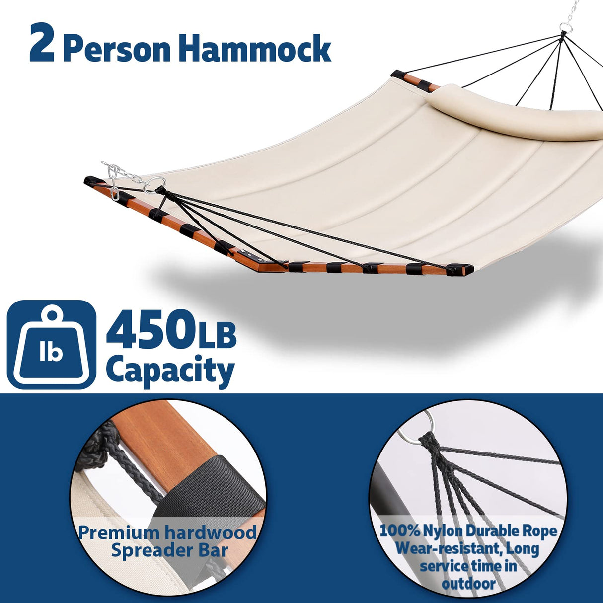 TegerDeger 12FT 2 Person Hammock Large Hammock 450LB Capacity with V Shaped Hardwood Spreader Bar & Nylon Rope for Outside, Patio, Garden, Backyard, Beach, Poolside - Beige TEGERDEGER