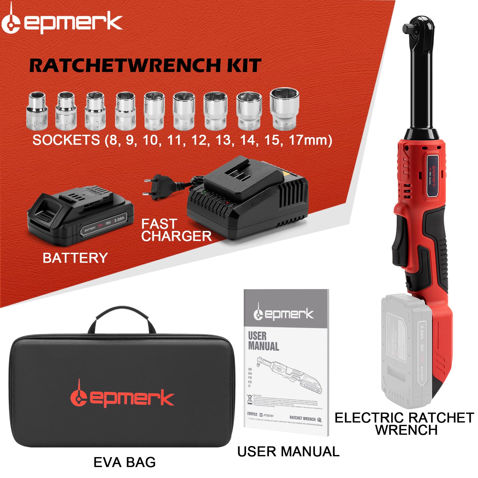 Lepmerk 3/8" Cordless Electric Ratchet Set -20V Purchasable Battery, Upgraded 60 ft-lbs, 4 in.Torque, 450 RPM, 1-Hour Rapid Charger, 9 Sockets. Battery Purchasable! - WoodArtSupply