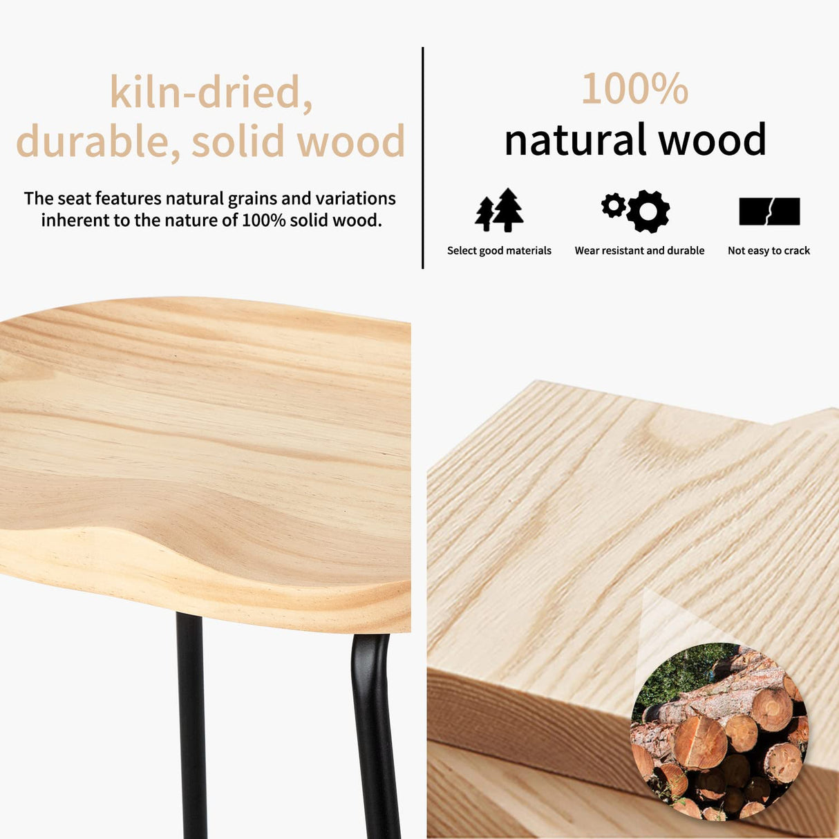 HeuGah Counter Height Bar Stools Set of 3, Solid Wood Bar Stool for Kitchen Island 26" Barstool with Metal Leg Rustic Backless Saddle Seat Stools HeuGah