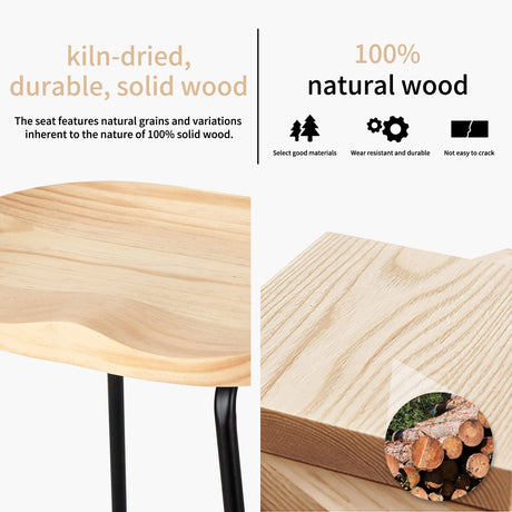 HeuGah Counter Height Bar Stools Set of 3, Solid Wood Bar Stool for Kitchen Island 26" Barstool with Metal Leg Rustic Backless Saddle Seat Stools HeuGah