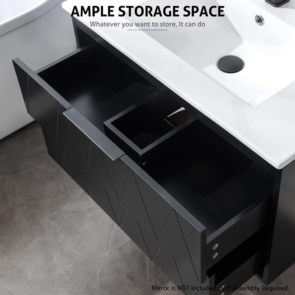 eclife 30" Bathroom Vanities Cabinet with Sink Combo, Wall Mounted Floating Cabinet W/Decor Line, Soft-Close System, 2 Extra Big Drawers, Matte Black Faucet, Black eclife