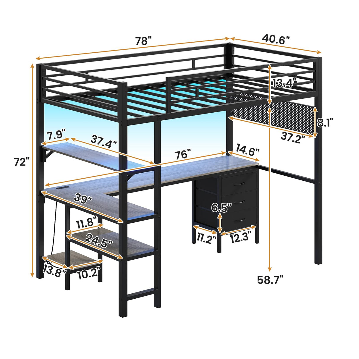 BTHFST Loft Bed Twin Size with L-Shape Desk & RGB LED Lights & Charging Station, Twin Bunk Bed with Fabric Drawers & Shlves, 13.4'' H Safety Guardrail, Noise Free, No Box Spring Needed BTHFST