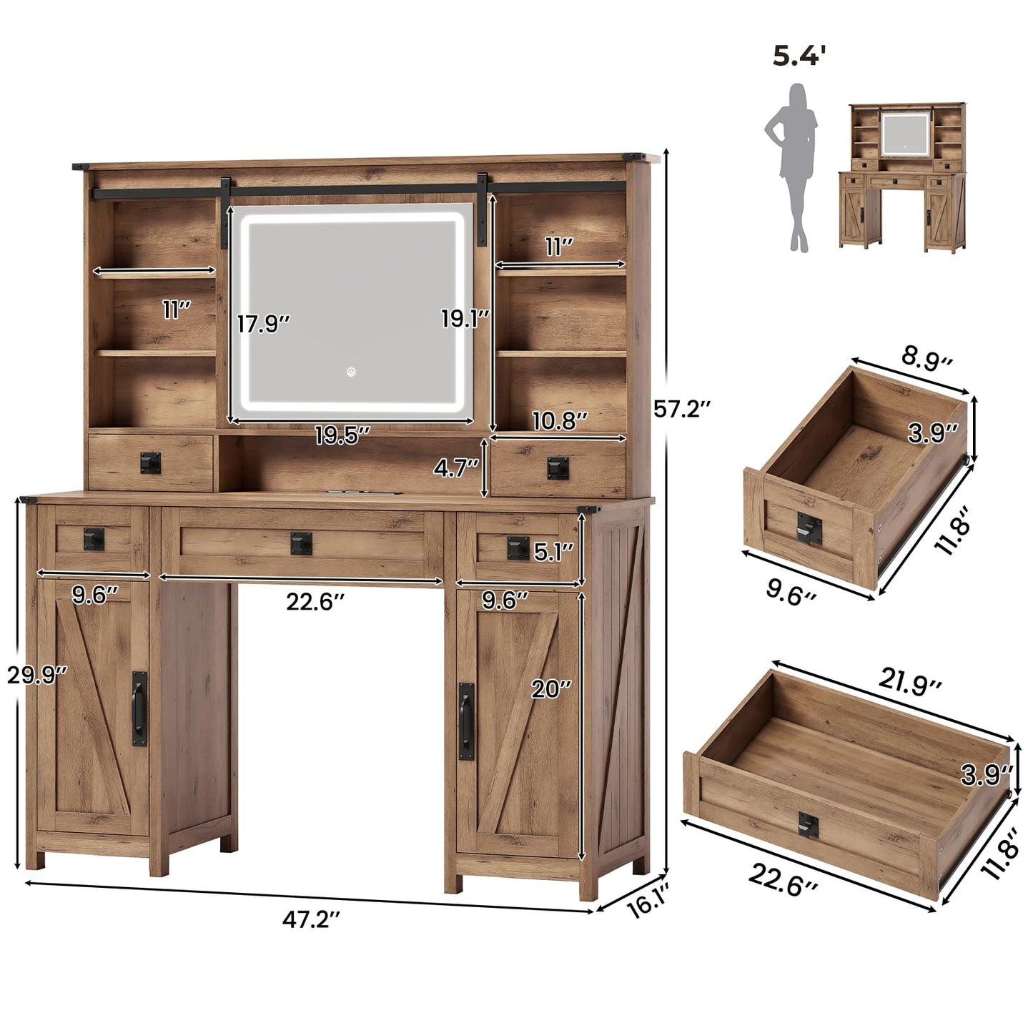 Makeup Vanity Desk with Lights, 47.2" Farmhouse Vanity Table with Sliding Mirror & Charging Station, Large Makeup Desk with 5 Drawers & 2 Cabinets, Rustic Oak - WoodArtSupply