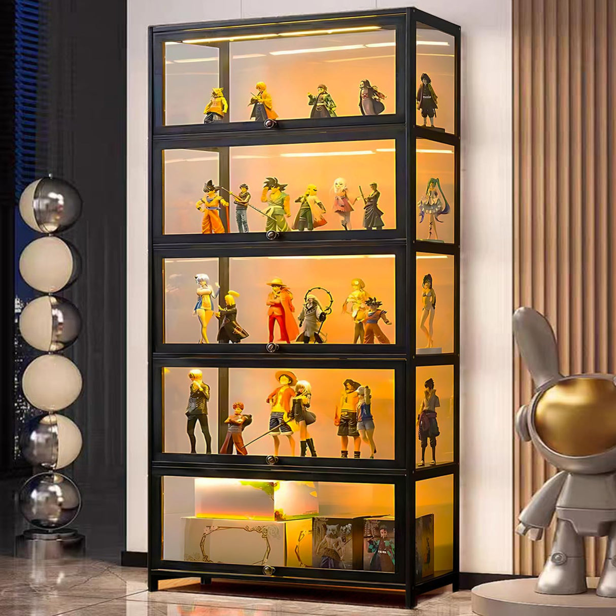 5-Tier Curio Display Cabinet, Storage Shelves with Acrylic Door, Collectibles Toy Organizers Rack & Display Shelf, Display Case for Playroom Bedroom Toddler's Room Kids Bookcase (Black flip door) iusyugh