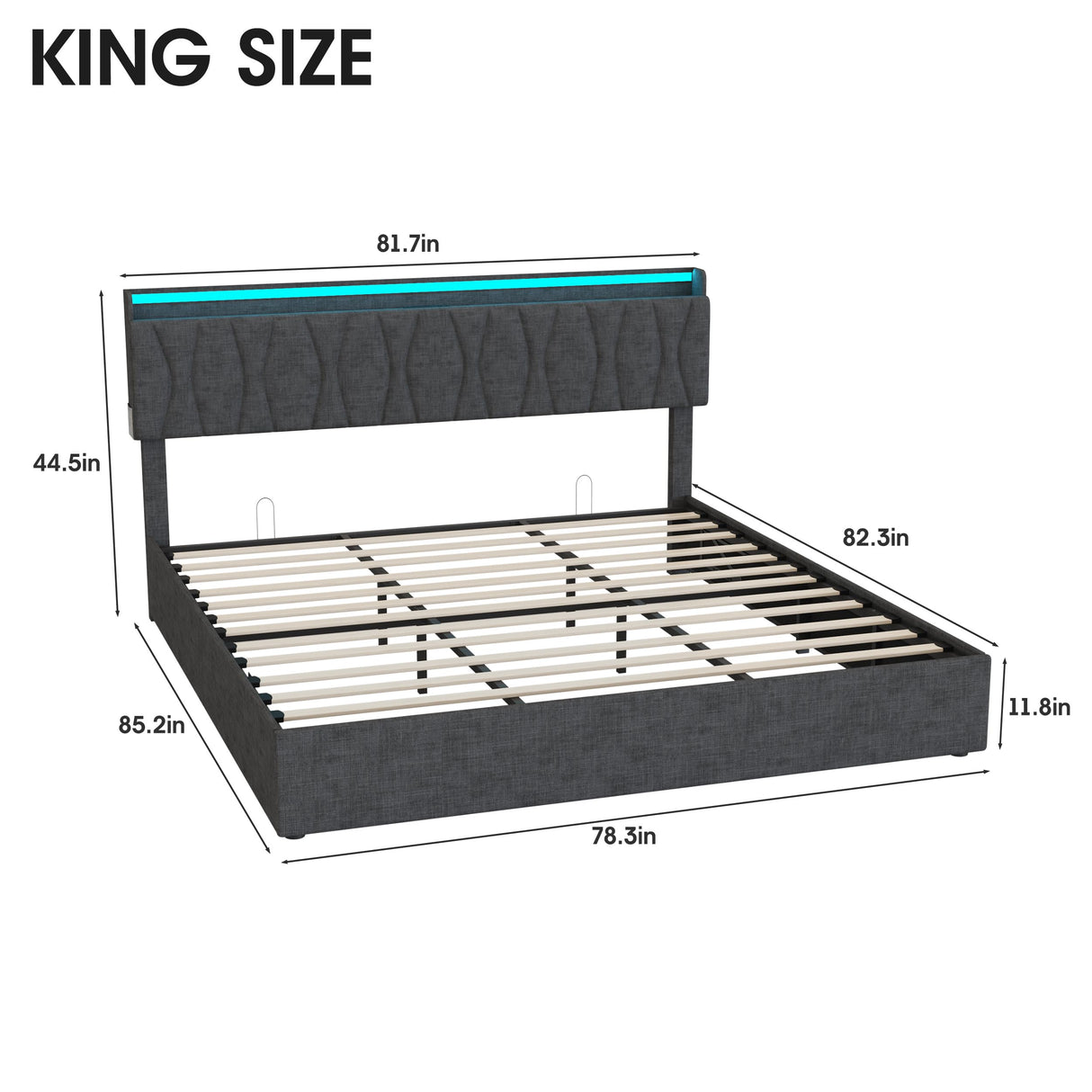 King Size Lift Up Storage Bed Frame, Height Adjustable Storage Headboard with Charging Station, LED Lights Upholstered Platform Bed, Wooden Slat, No Box Spring Needed, Noise-Free, Dark Grey Fameill