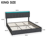 King Size Lift Up Storage Bed Frame, Height Adjustable Storage Headboard with Charging Station, LED Lights Upholstered Platform Bed, Wooden Slat, No Box Spring Needed, Noise-Free, Dark Grey Fameill