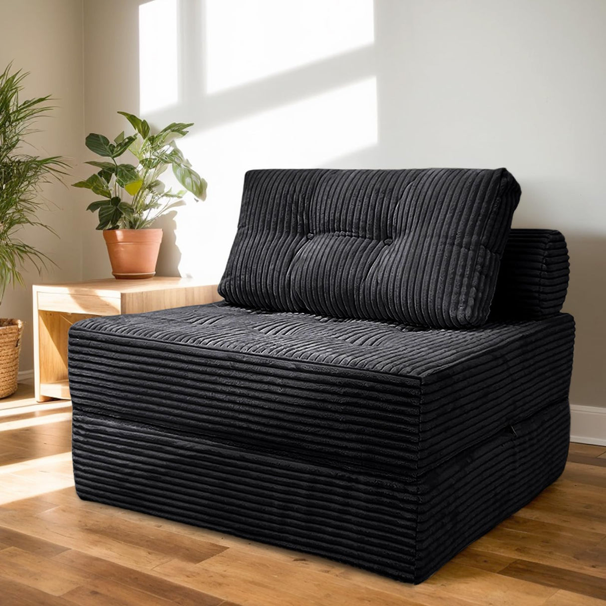 Nigoone Sofa Bed Futon, Versatile Foldable Sleeper Chair with Pillow, Supportive Memory Foam, Plush Corduroy Fabric, Cozy Floor Couch, Convertible Mattress for Bedroom/Living Room/Guest/Office, Black Nigoone