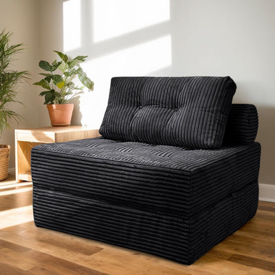 Nigoone Sofa Bed Futon, Versatile Foldable Sleeper Chair with Pillow, Supportive Memory Foam, Plush Corduroy Fabric, Cozy Floor Couch, Convertible Mattress for Bedroom/Living Room/Guest/Office, Black