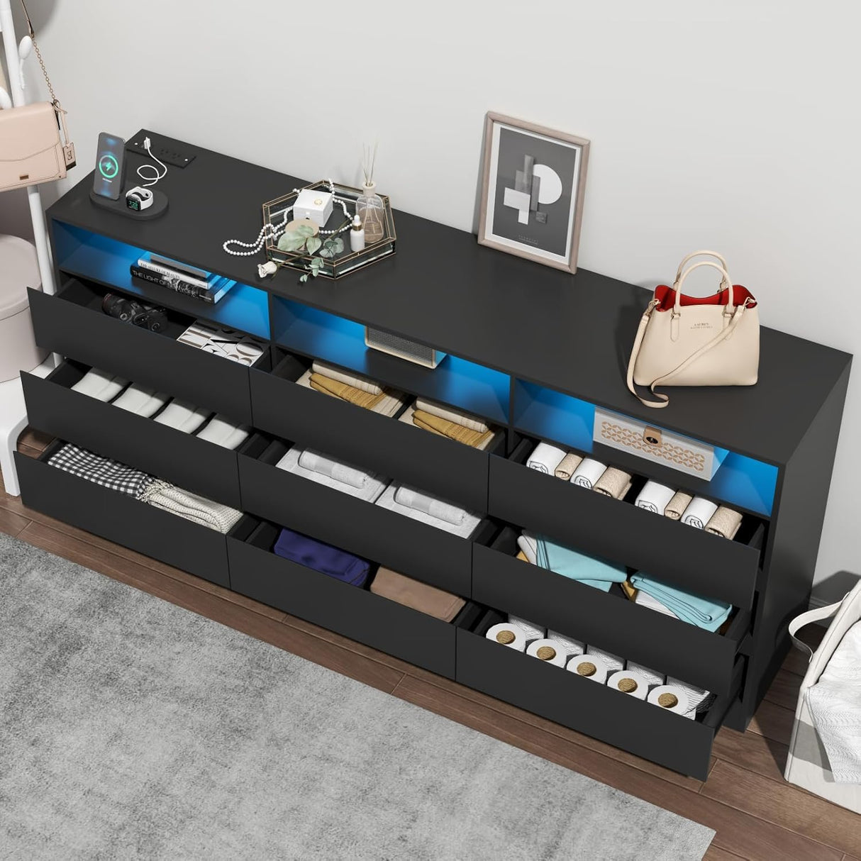 Loomie 9 Drawer Dresser for Bedroom with LED Lights & Power Outlet, Large 63" Black Dressers & Chest w/Deep Drawers, Triple Wide Dresser TV Stand for TVs up to 75",Dressers Organizer w/3 Open Cubbies Loomie