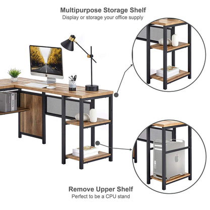 FATORRI L Shaped Computer Desk, Industrial Office Desk with Shelves, Reversible Wood and Metal Corner Desk for Home Office (Rustic Oak, 59 Inch) - WoodArtSupply