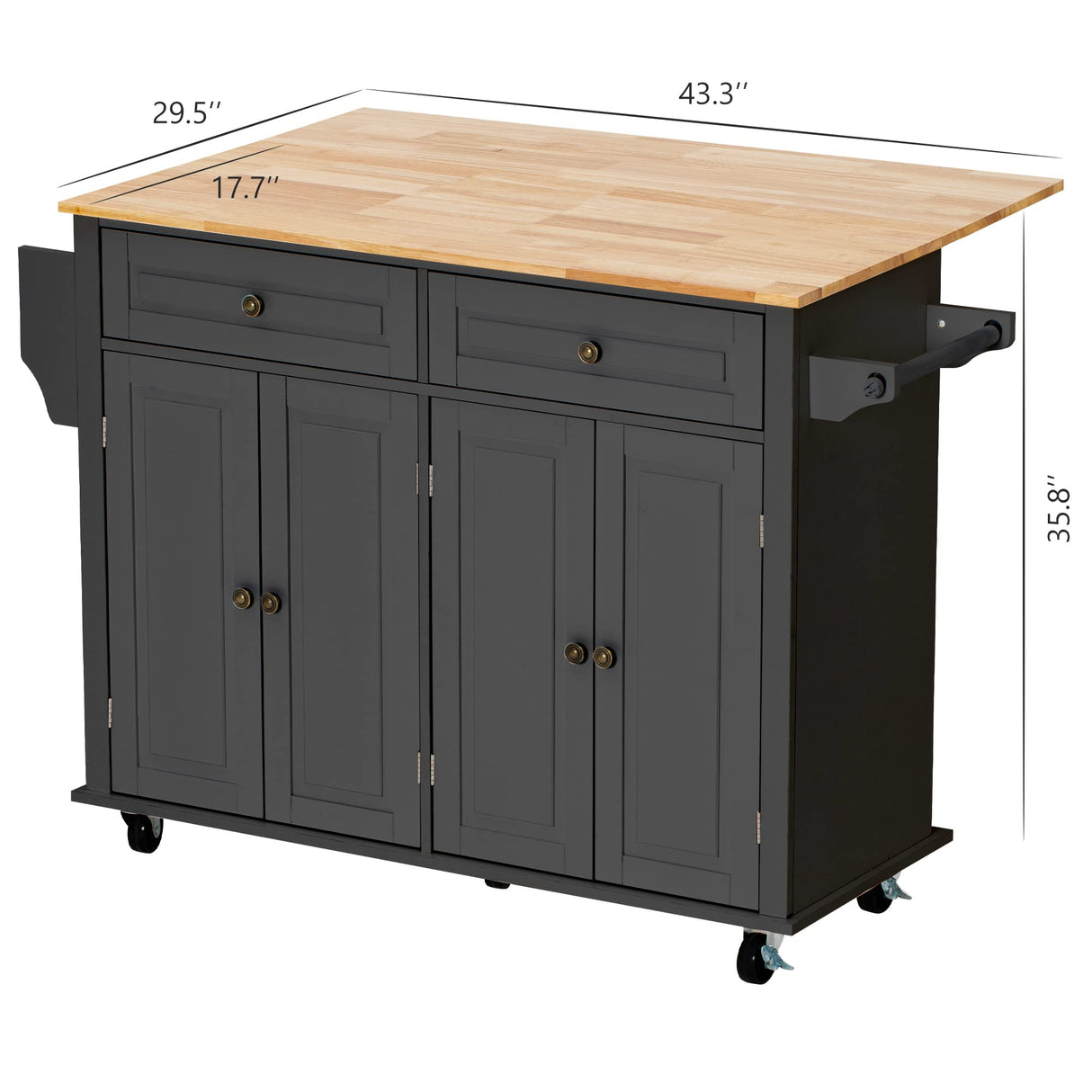 Squireewo Kitchen Cart with Wood Top and Drop Leaf Breakfast Bar, Rolling Mobile Kitchen Island Table on Wheels with Drawer and Storage Cabinet, Spice Rack, Towel Rack, Black Squireewo