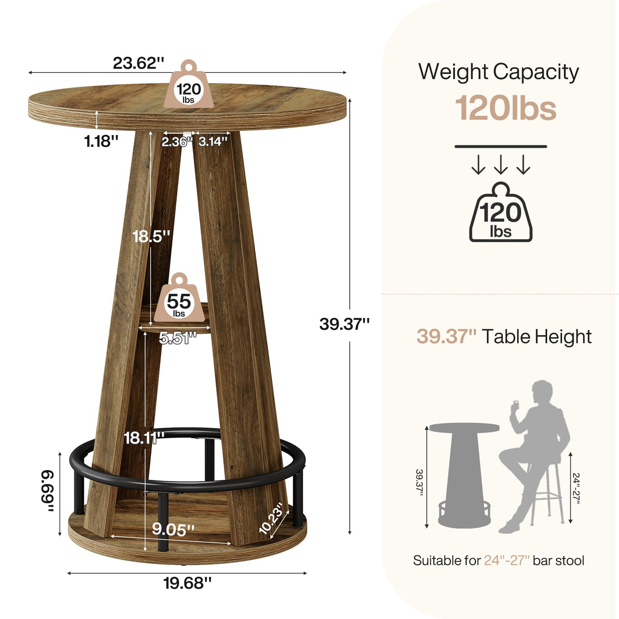 Tribesigns Round Bar Table, 39.4" H High Top Bistro Table with Storage, Industrial Cocktail Pub Tables with Metal Footrest for Living Room, Barroom, Small Space, Rustic Brown(Only Table) Tribesigns