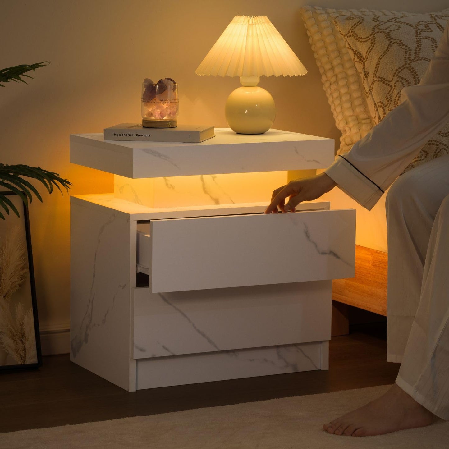 Bingoday Bedside Table with 2 Drawers, LED Nightstand Wooden Cabinet Unit with LED Lights for Bedroom, End Table Side Table for Bedroom Living Room