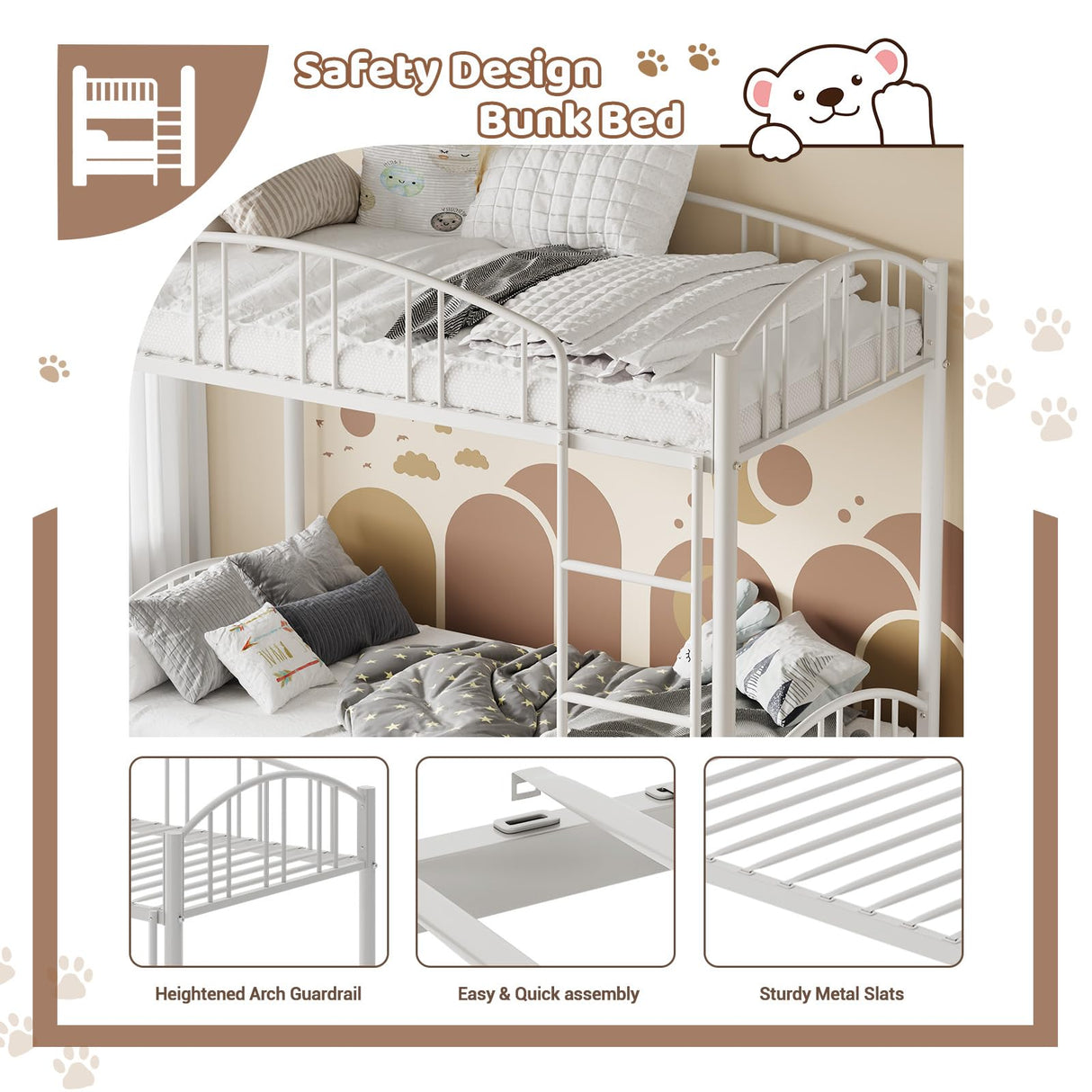 GarveeHome Metal Bunk Bed Twin Over Twin, Heavy Duty Bunkbeds Frame with Arched Guardrail and Safety Ladder, Sturdy Steel Bed for Kids Boys Girls, Space-Saving, No Box Spring Needed, Modern White GarveeHome