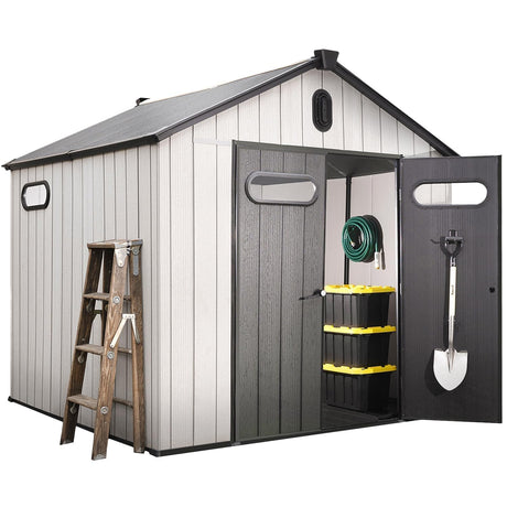 EconoHome 8x8 Ft Outdoor Storage Shed with Floor - Waterproof Shed with Lockable Door for Garden - Backyard, Tool Storage Use - Grey EconoHome