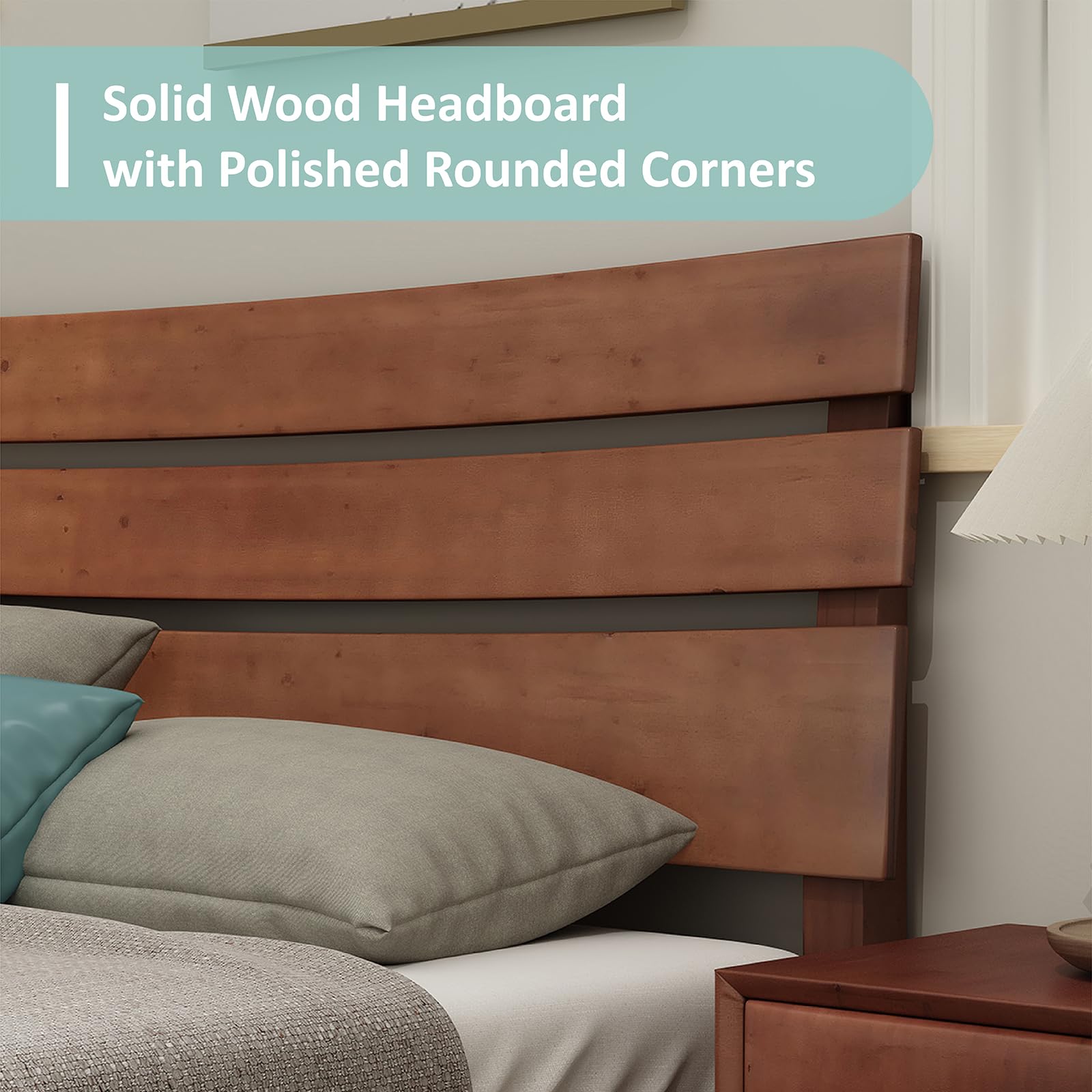 LUXOAK Mid-Century Solid Wood King Bed Frame with Headboard - No Box Spring Required - WoodArtSupply