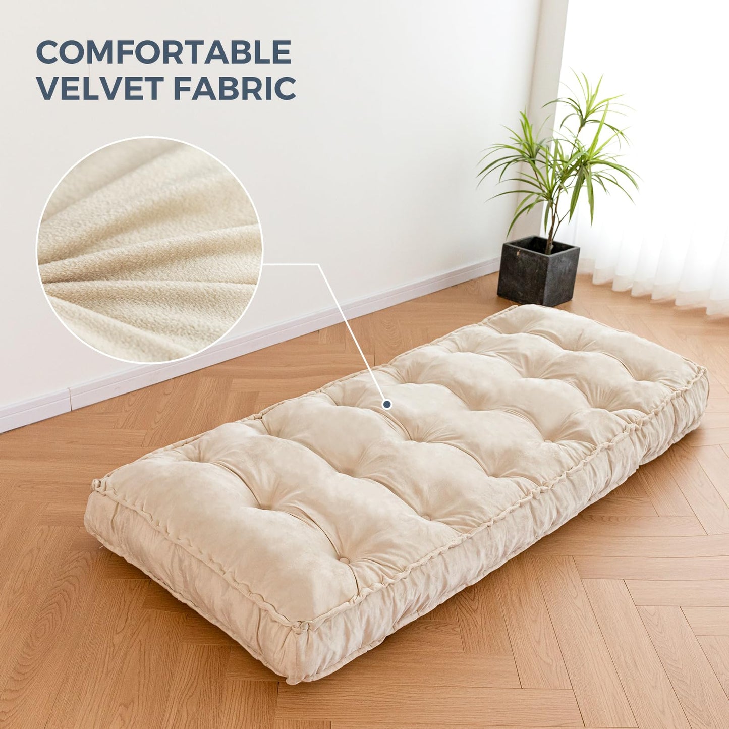 MAXYOYO 6“ Daybed Futon Mattress Window Seat Cushion, Beige, Velvet Thick Floor Futon Mattress, Long Cushion Sleeping Pad for Couch, Portable Roll Up Camping Mattress