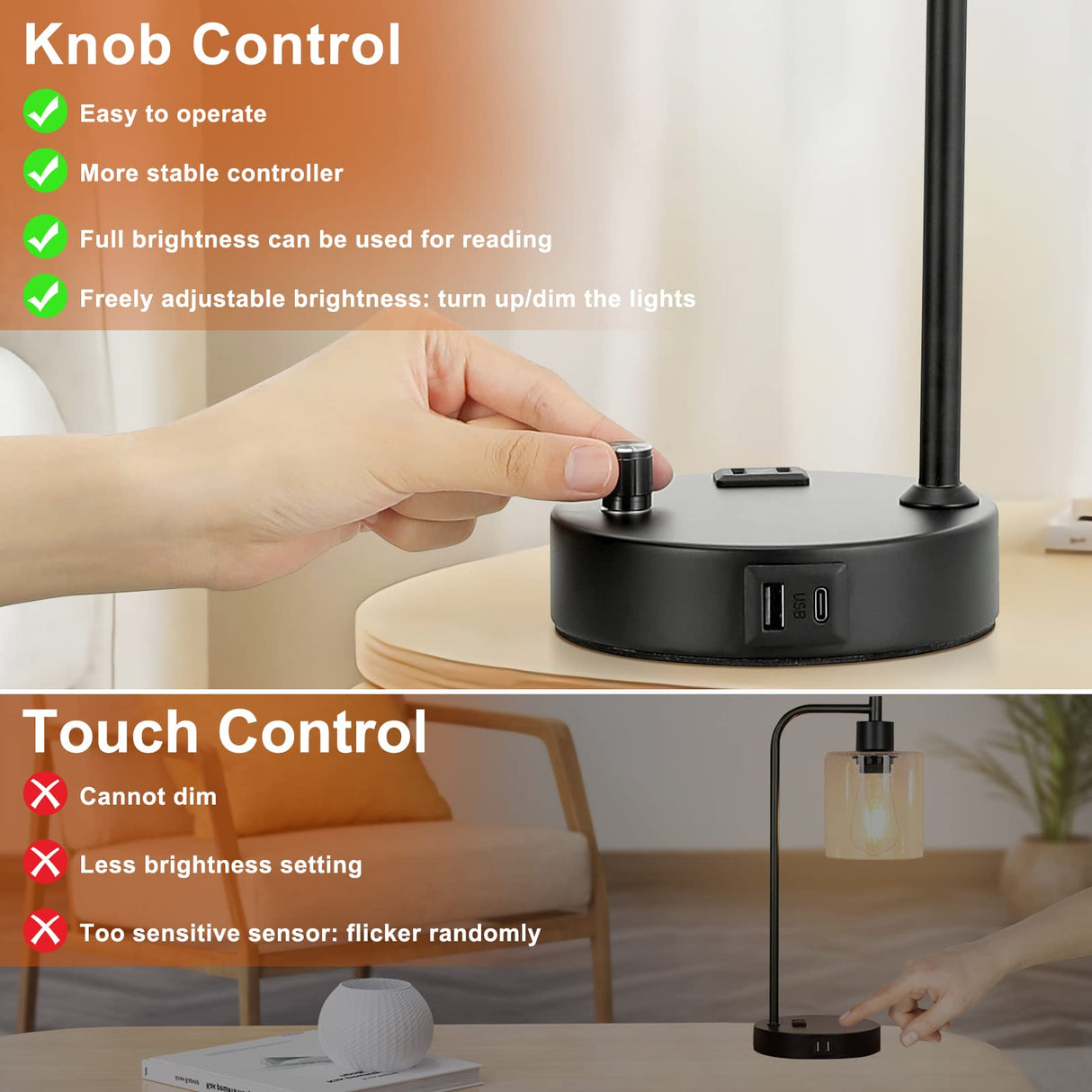 Industrial Table Lamps for Bedrooms Set of 2 - Fully Dimmable Bedside Lamps with USB A and C Ports and Outlet, Black Nightstand Lamps with Glass Shade for Living Room, Desk Lamps for Office Reading Innqoo