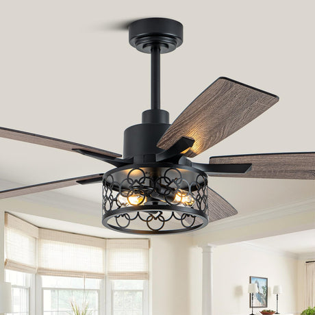 Curve Curio 52 Inch Farmhouse Ceiling Fan with Light Industrial Ceiling Fan Rustic Caged Chandelier Fan for Living Room Bedroom Patio (Black, 52 inch) Curve Curio