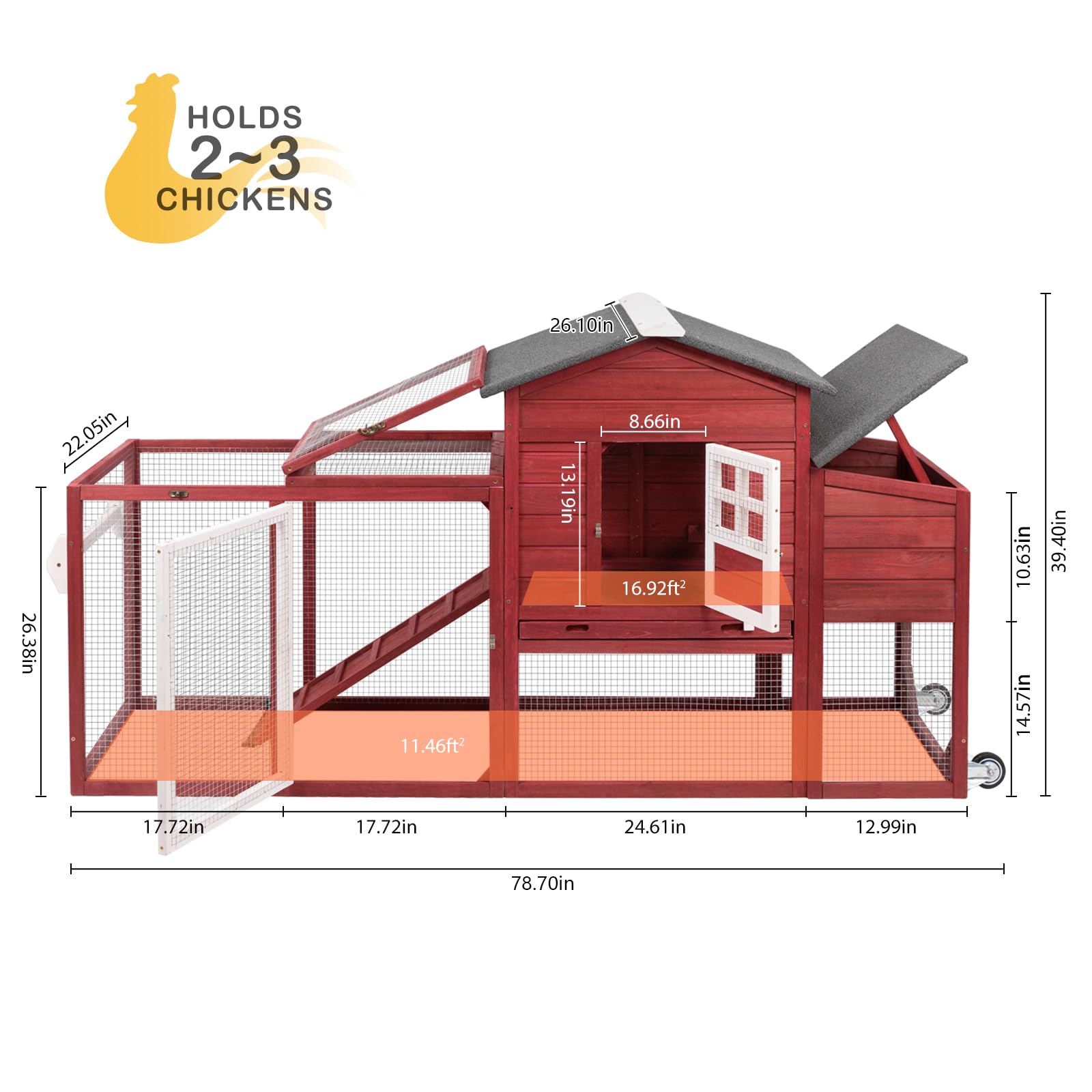 Ketive Wooden 79" Chicken Coop with Wheels Asphalt Roof Nest Boxes Pull-Out Trays - All Solid Wood and Galvanized Wire Mesh Chicken House Against Snakes, Weasels - WoodArtSupply