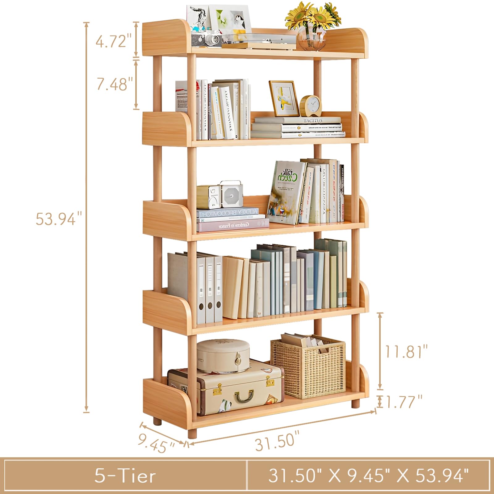 Modern 5-Tier Wooden Bookcase with Solid Oak Frame and User-Friendly Design for Home and Office - WoodArtSupply