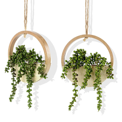COM4SPORT 2PCS 12.2" Fake Hanging Plant, Succulent Wall Decor, Fake Plants Decor, String of Pearls in Pot with 8.3" Lanyard for House Indoor Outdoor Bedroom Wall Decor Aesthetic(Wood Color)
