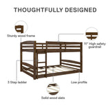 DHP Phoenix Convertible Low Wood Floor Bunk Bed, Stackable and Detachable Bed Frames for Kids, Solid Wood, with Ladder, High Guardrail, Wood Slats, No Boxspring Required, Full-Over-Full, Mocha DHP