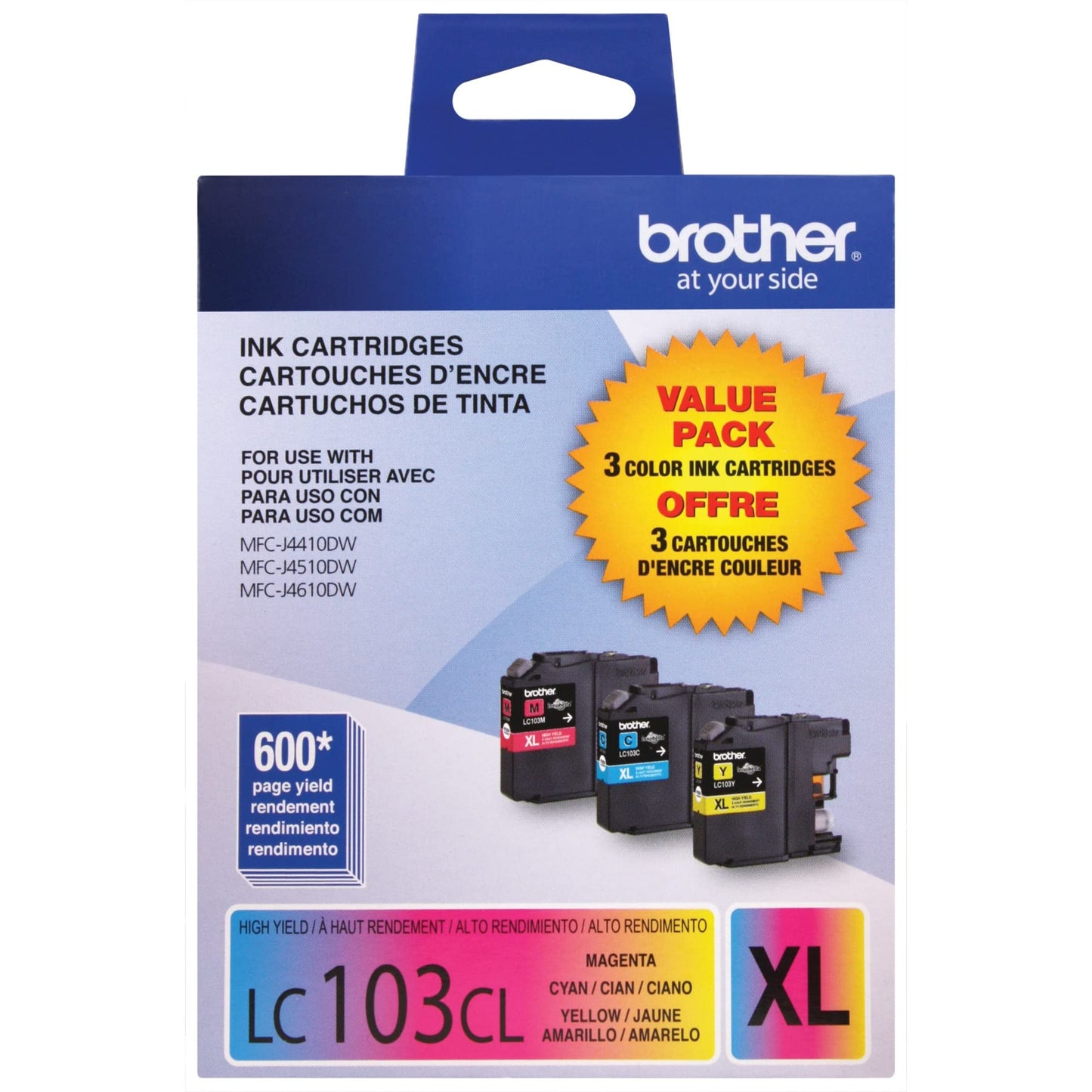 Brother LC1033PKS, LC-103, Innobella High-Yield Ink, 600 Page-Yield, 3/Pack, Cyan-Magenta-Yellow