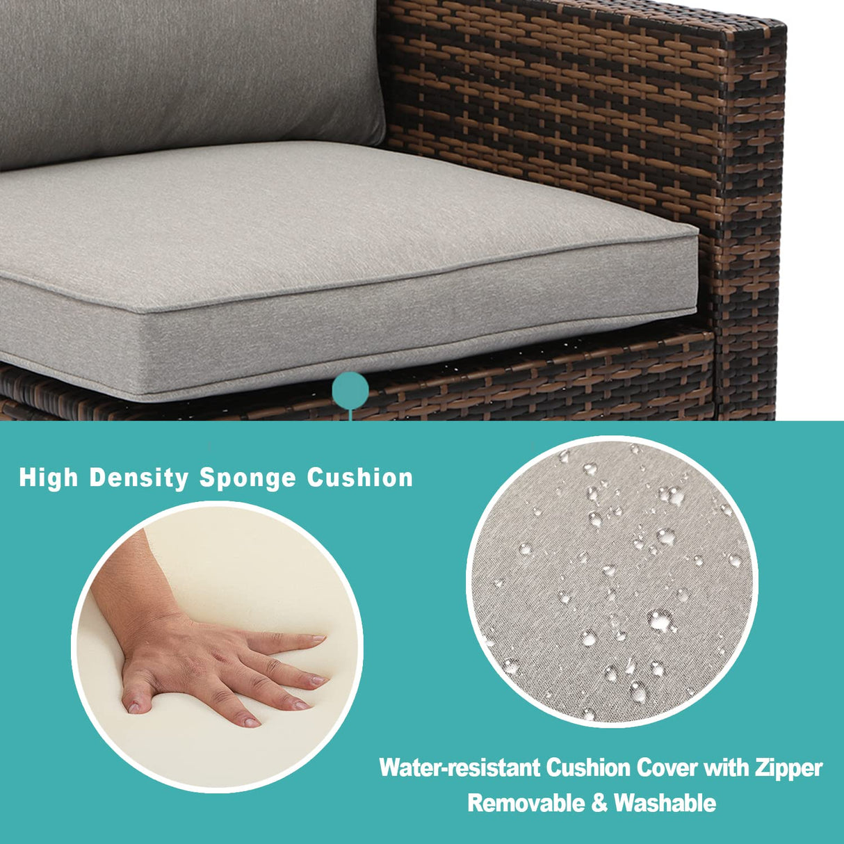 COSIEST 5-Piece Outdoor Furniture All-Weather Mottlewood Brown Wicker Sectional Sofa w Warm Gray Thick Cushions, Glass-Top Coffee Table, Patio COSIEST