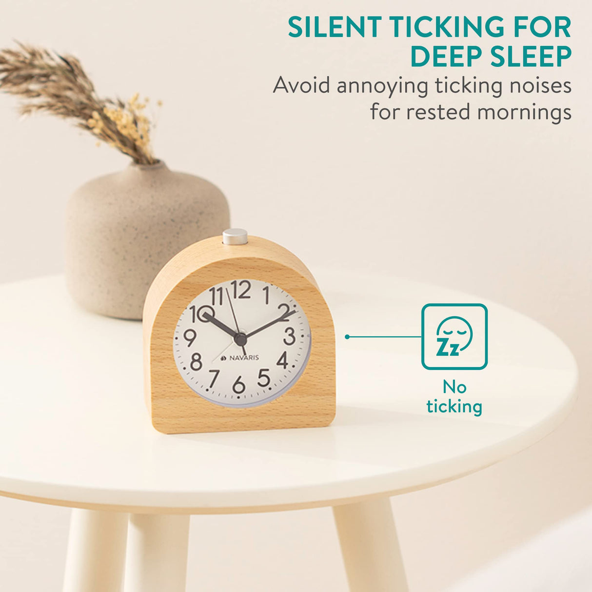 Navaris Wood Analog Alarm Clock - Half-Round Battery-Operated Non-Ticking Clock with Snooze Button and Light - Light Brown Navaris