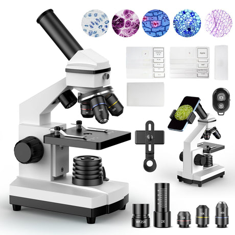 PalliPartners Compound Microscope for Adults & Kids - 100X-2000X High-Power Biological Microscope for Students, School Lab & Home Education, with Slides Set & Phone Adapter (White) PalliPartners