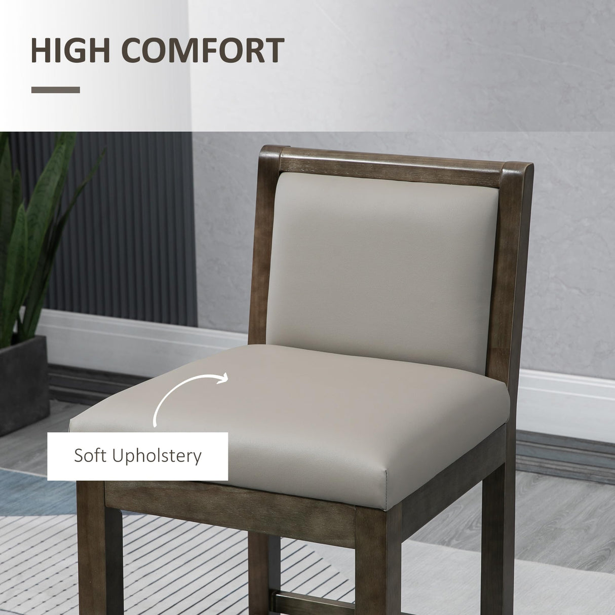 HOMCOM Set of 2 Grey PU Leather Counter Height Bar Stools with Back and Wood Legs HOMCOM