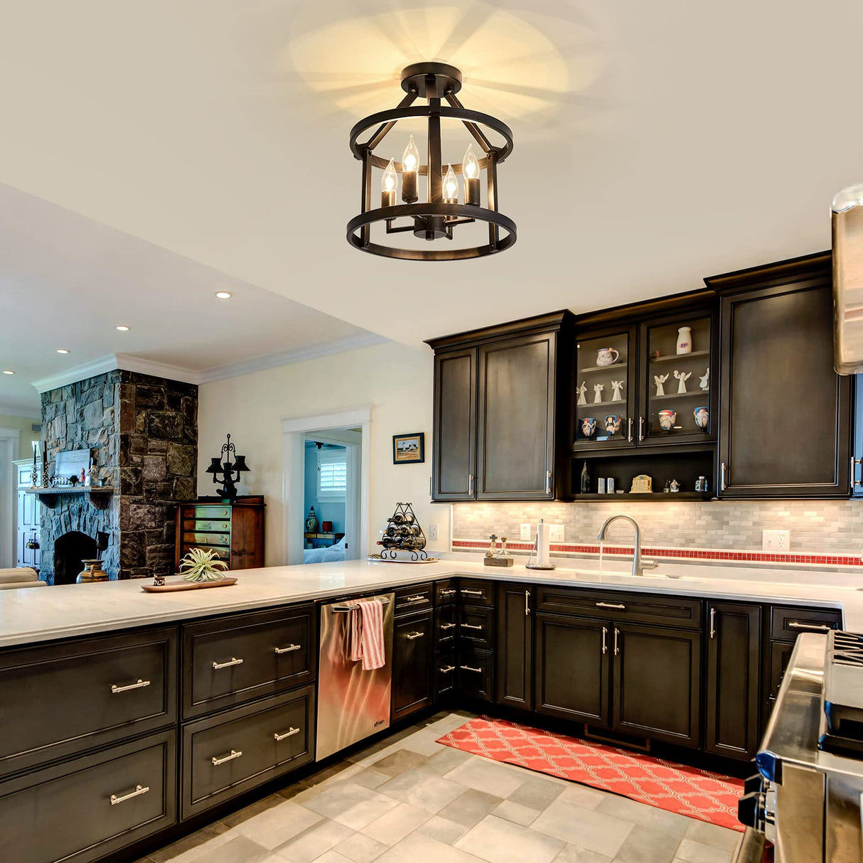 UOFUS Metal Semi Flush Mount Ceiling Light Fixture 4 Candle Holder Matte Chandelier Farmhouse Ceiling Lamp for Dining Room Bedroom Kitchen Hallway Entryway（Black） UOFUS