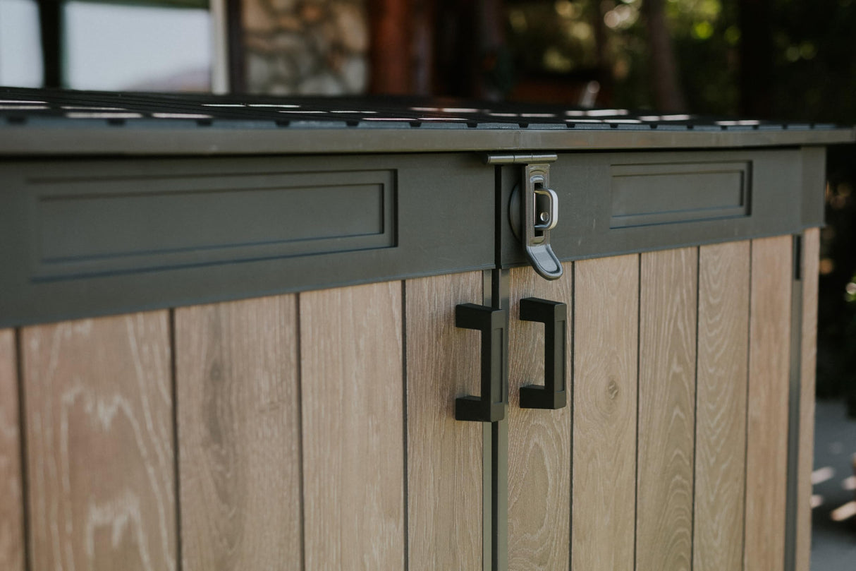 Keter Signature Collection All-Weather Storage Shed with Skylight, Window, Built-in Ventilation, Customizable Walls, & Lockable Double Doors, Walnut Keter