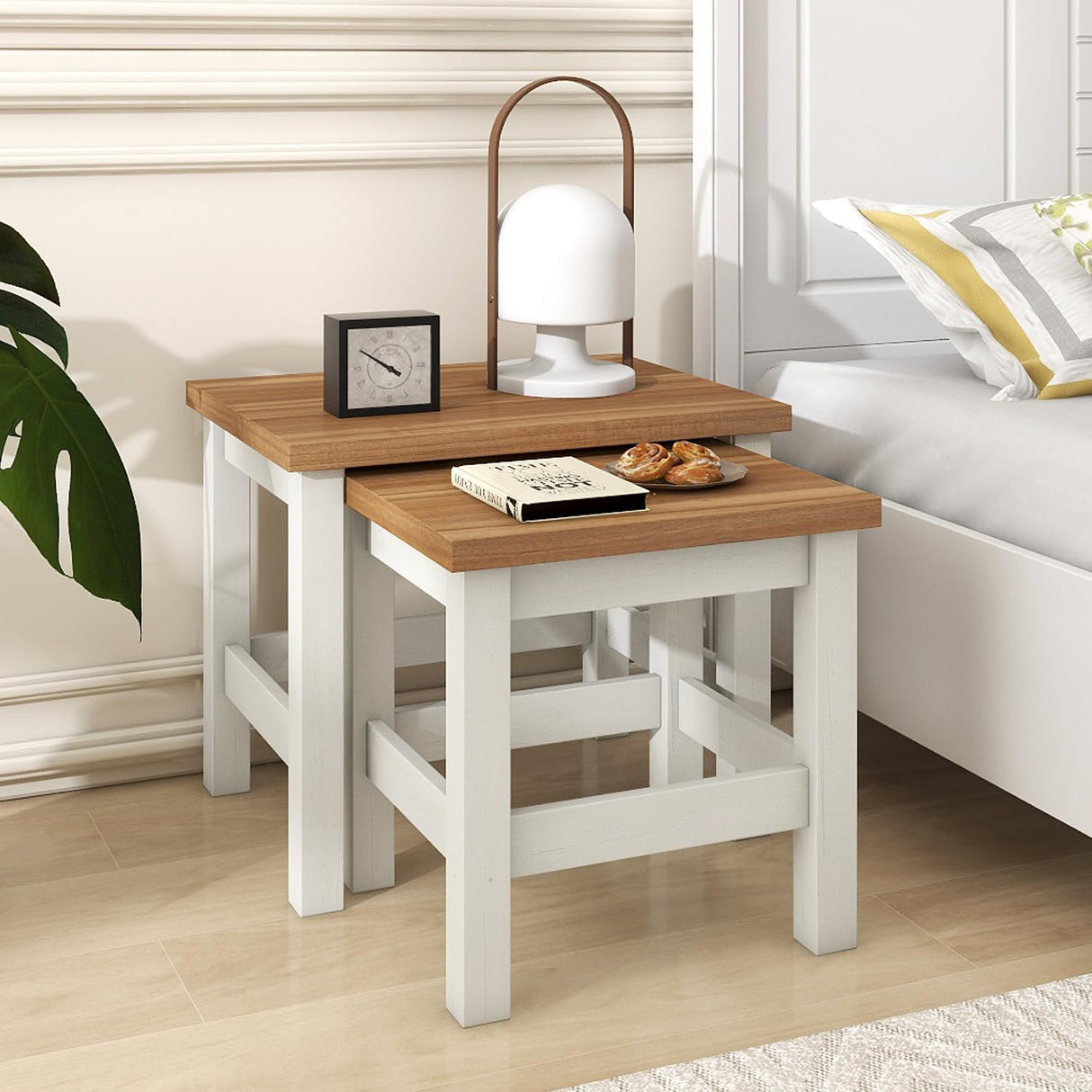 Vikiullf Farmhouse Nesting Table Set of 2, Wooden Coffee Tables, Modern Square End Table, Side Table for Living Room, Bedroom, Accent Bedside Table Vikiullf