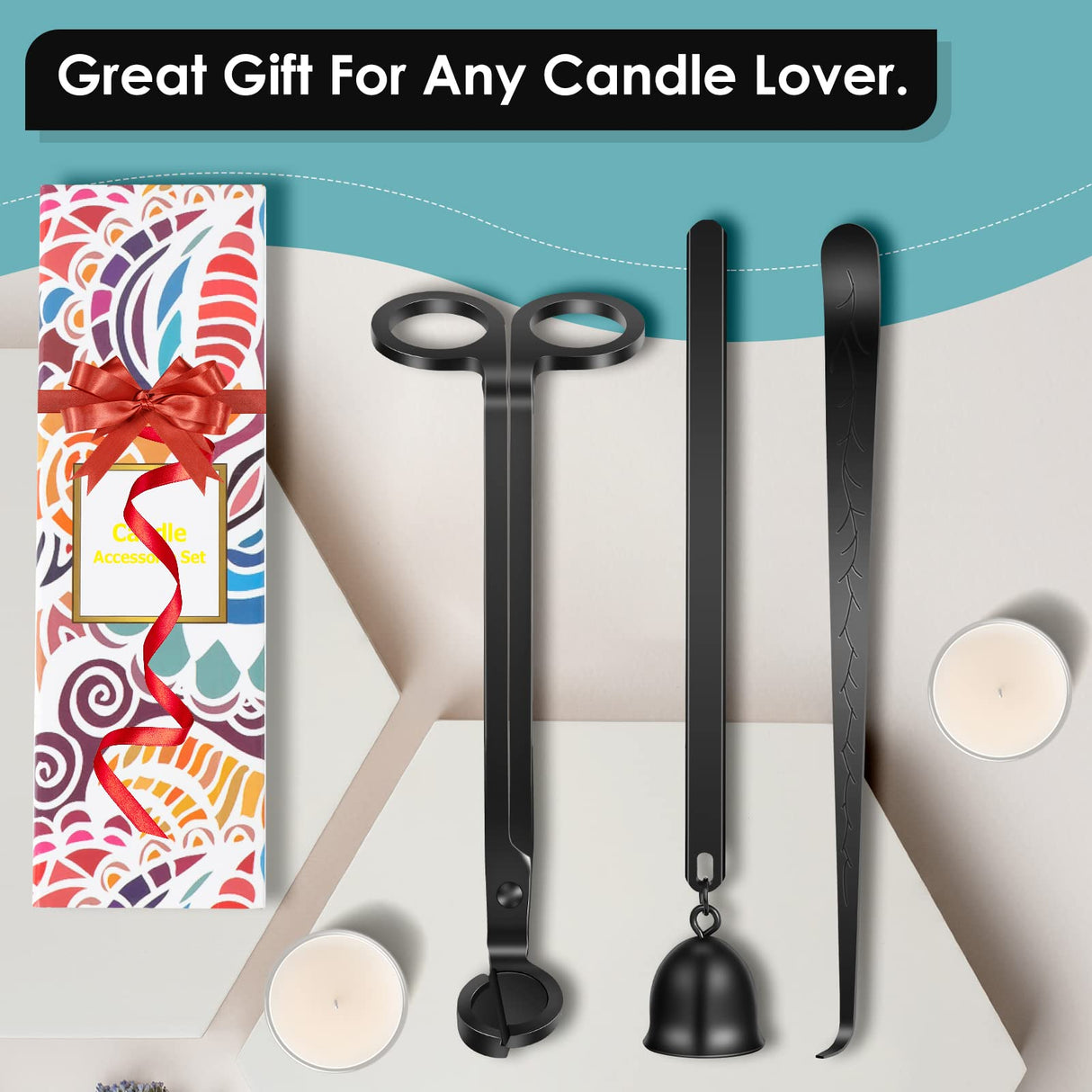 Saiveina 3 in 1 Candle Accessory Set, Candle Wick Trimmer, Wick Dipper, Candle Snuffer Extinguisher, Candle Care Kit with Gift Package for Candle Lover(Black) Saiveina