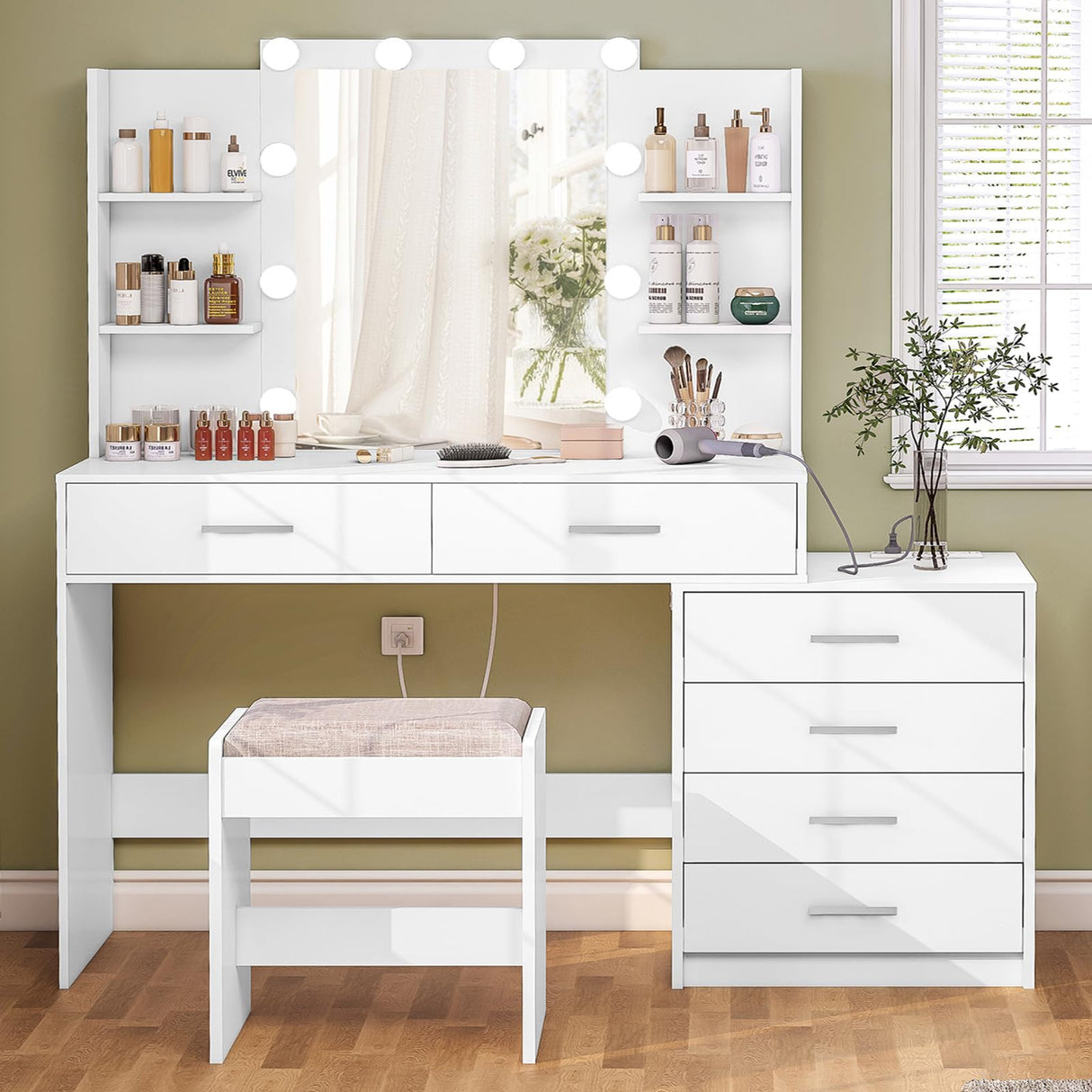 FIONESO Vanity Desk with Mirror & Lights, Makeup Vanity with 6 Drawers, 6 Open Shelves and Power Outlet, 48” Storage Makeup Vanity Desk with Stool Bench for Women, Girls, Bedroom, White FIONESO