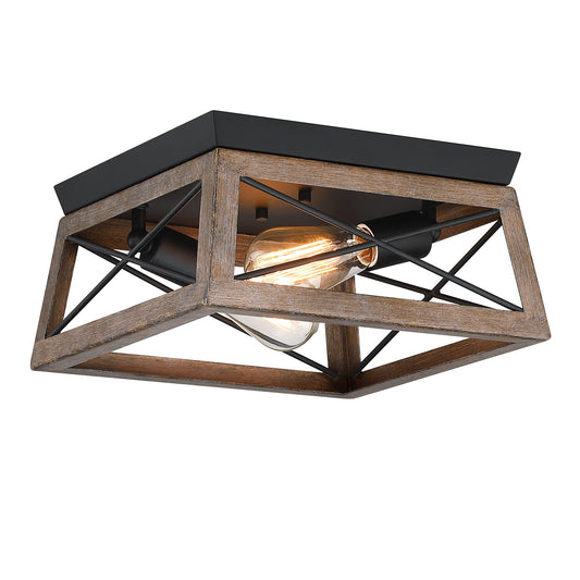 2-Light Black and Wood Flush Mount Ceiling Light with Bronze Wood Grain Farmhouse Ceiling Light for Closet Hallway Entryway Vintage Industrial Cage Light Fixture,E26 - WoodArtSupply