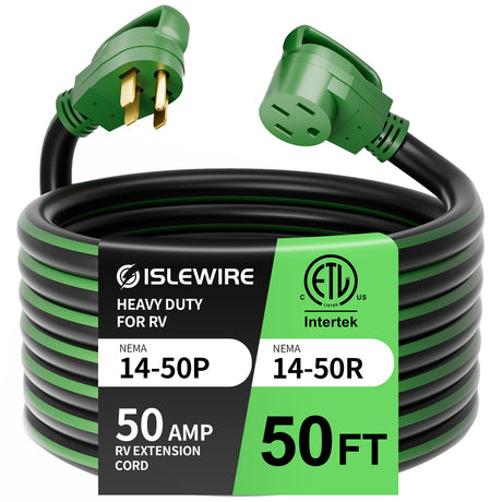 islewire 50 Feet 50 Amp RV/EV Extension Cord with Grip Handle, Heavy Duty 6/3+8/1 Gauge STW 4 Prong RV Power Cord, NEMA 14-50P/R with Cord Organizer for Tesla Model 3/S/X/Y, Black & Green, ETL Listed islewire