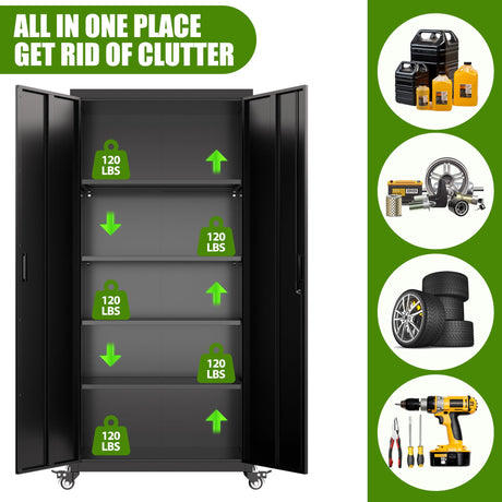 JAORD Metal Garage Storage Cabinet on Wheels, 73" Black Rolling Tool Cabinets with 4 Adjustable Shelves for Office Home Warehouse Tool Industrial, Assemble Required, Black JAORD