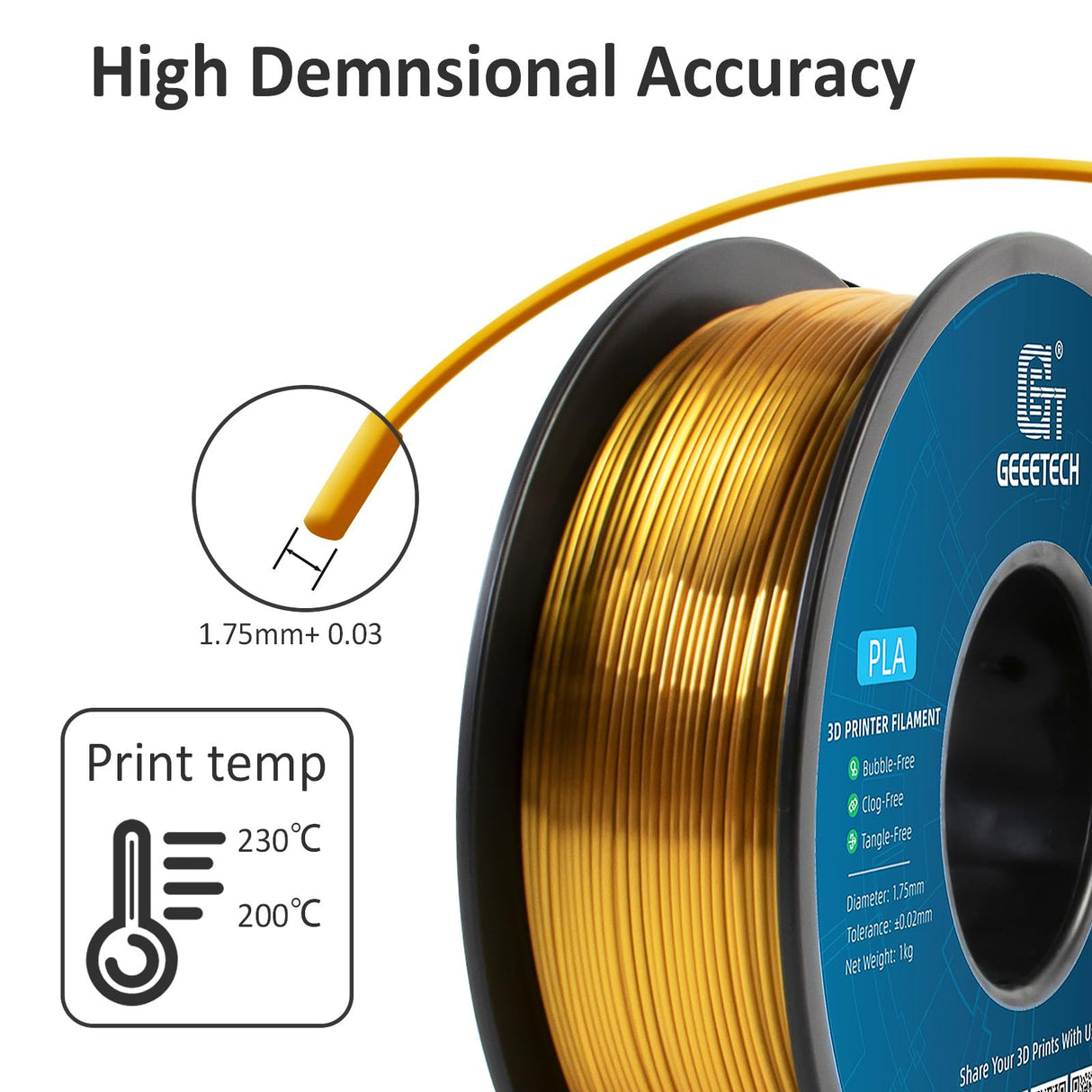 Geeetech Silk PLA Filament 1.75mm for 3D Printer , Metal-Like Shiny Consumable 1kg (2.2lbs) 1 Spool, Dimensional Accuracy +/- 0.03 mm, Silk Gold Geeetech
