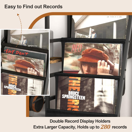 Record Player Stand with Vinyl Storage, Record Player Table with Vinyl Record Storage Up to 280 Albums, Turnta ble Stand with Record Holder Vinyl Display Shelf, Record Cabinet for Vinyls Media Stereo Tewinko
