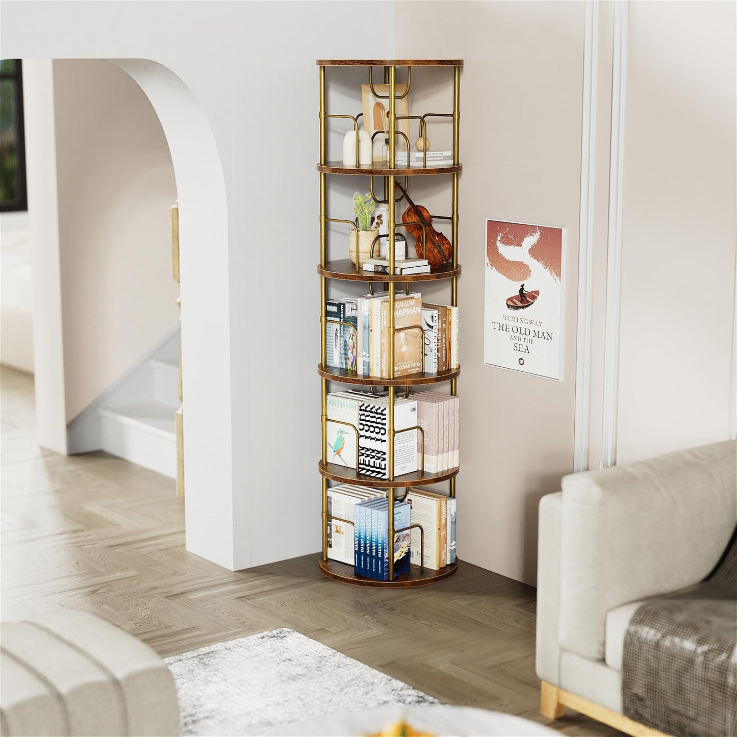 ALLSTAND 5-Tier 360° Rotating Gold Bookshelf - Space-Saving Swivel Bookcase for Stylish Storage - WoodArtSupply