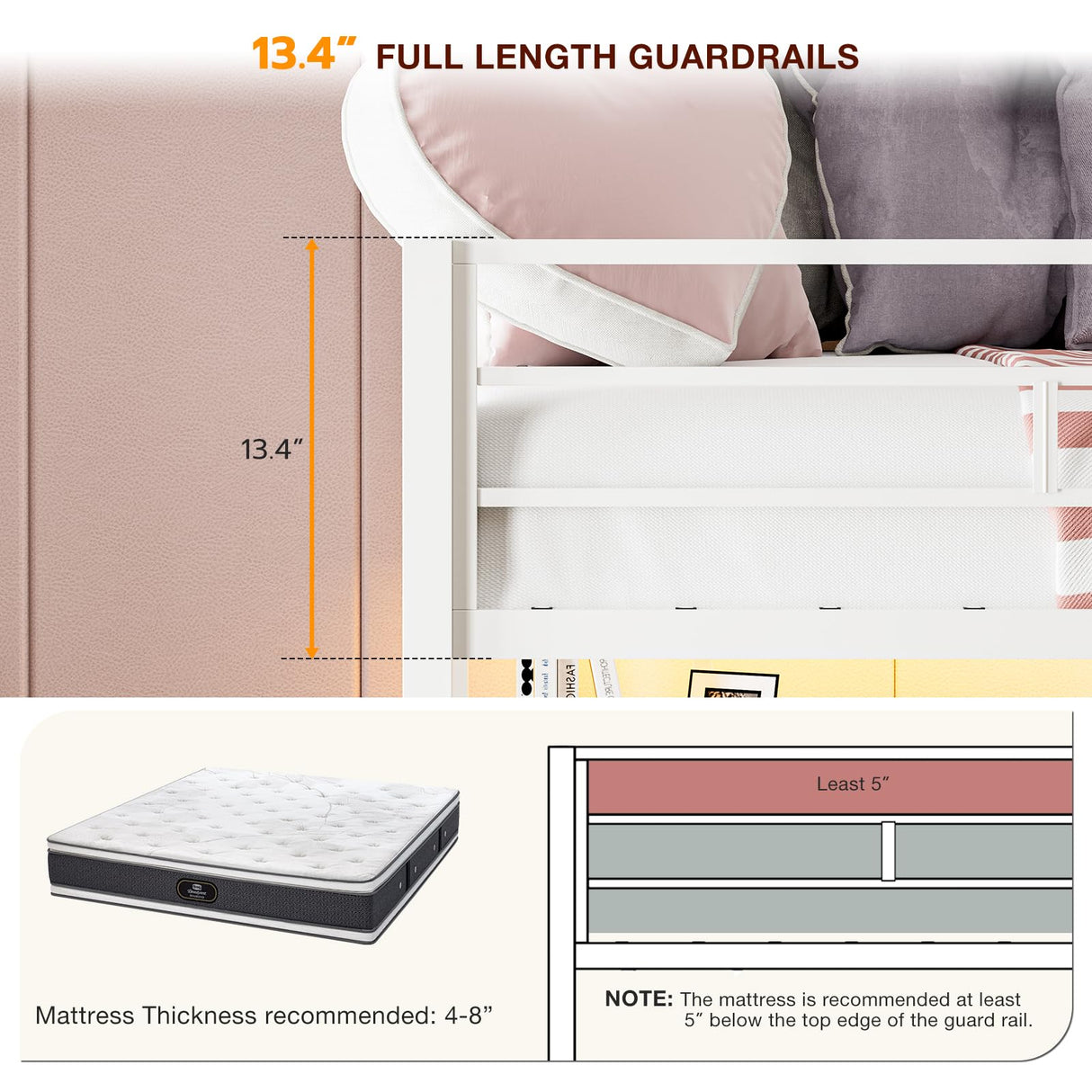 IKIFLY Metal Twin Loft Bed with Desk and Storage Shelves, LED Lights & Charging Station, Loft Bed Frame with 13.4” Guardrail and Ladder, Large Fabric Basket, Clothes Rail, No Box Spring Needed, White IKIFLY