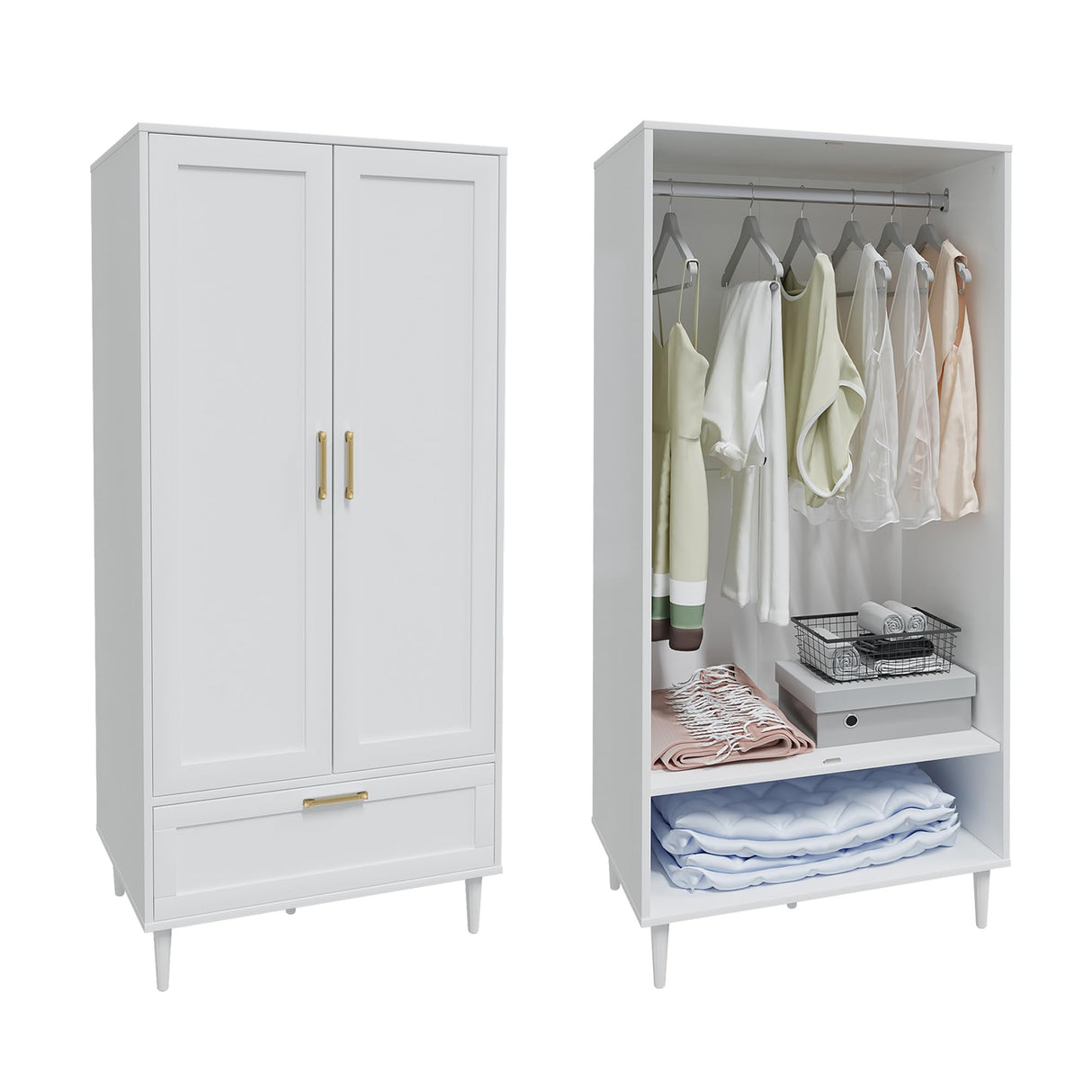 ALBSL Bedroom Armoire Wardrobe Closet with Hanging Rod,60" 2 Door Almirah for Clothes with Drawers,Morden Storage Cabinet,White ALBSL